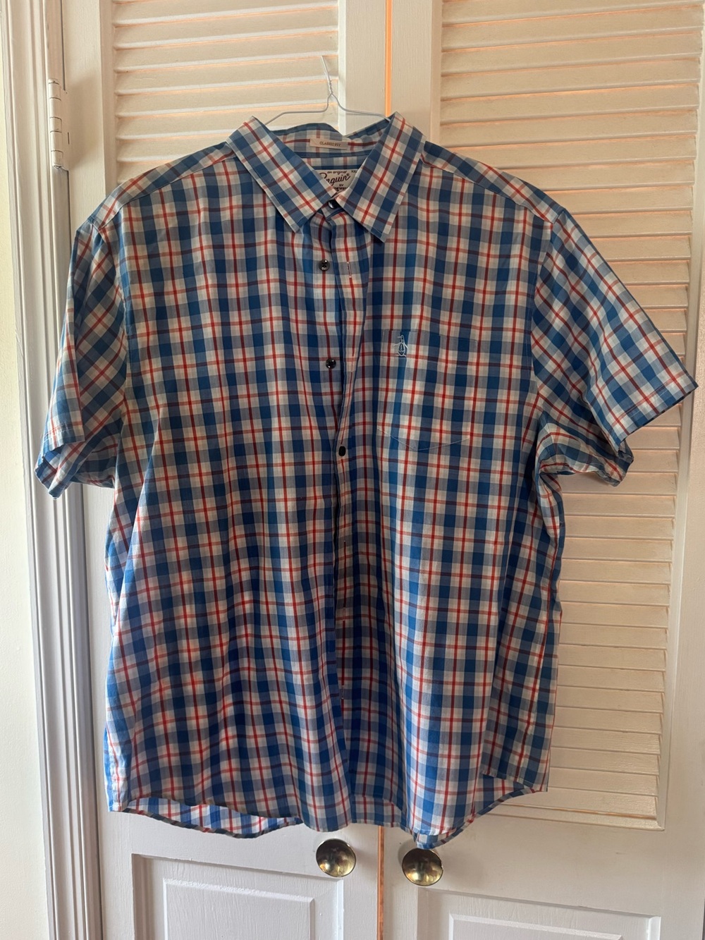 Original Penguin short sleeve button down plaid grid check blue white red xxl